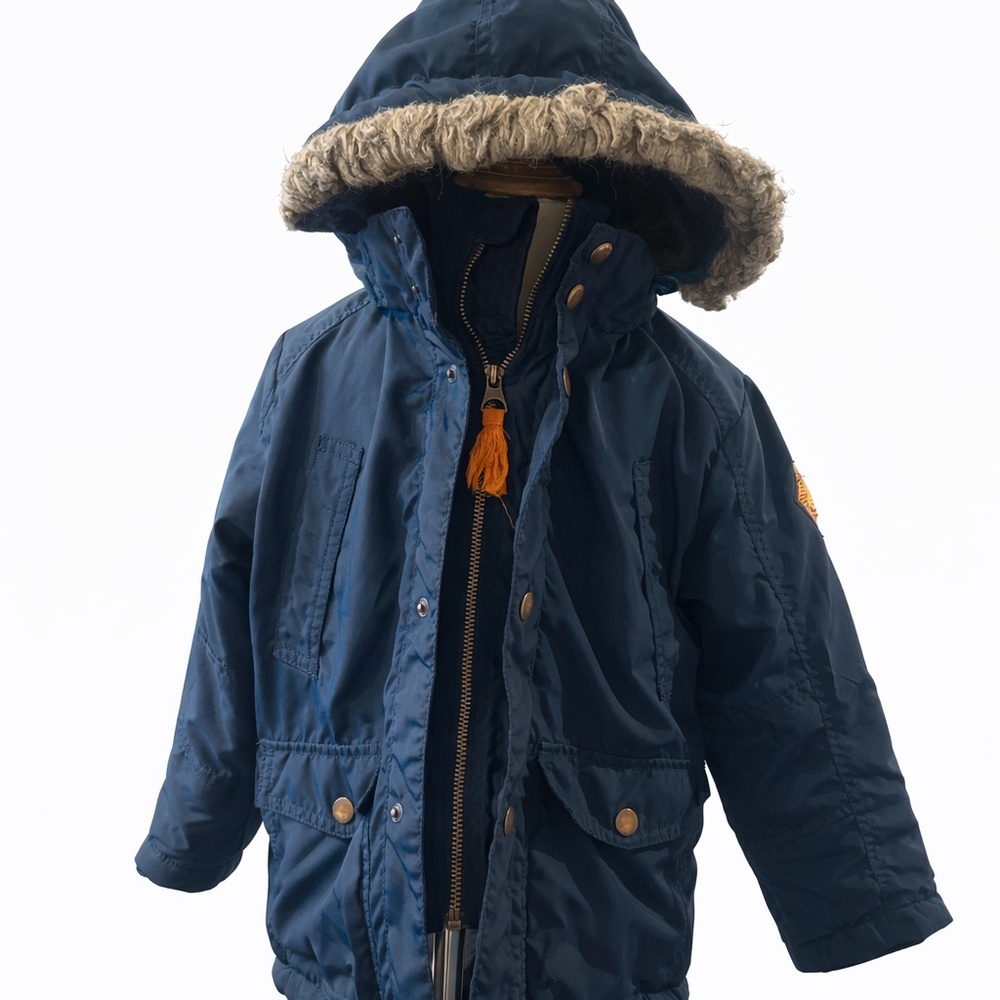 H&M Toddler Boys Winter Parka Jacket Size 4-5 Navy Faux Fur Hood Coat